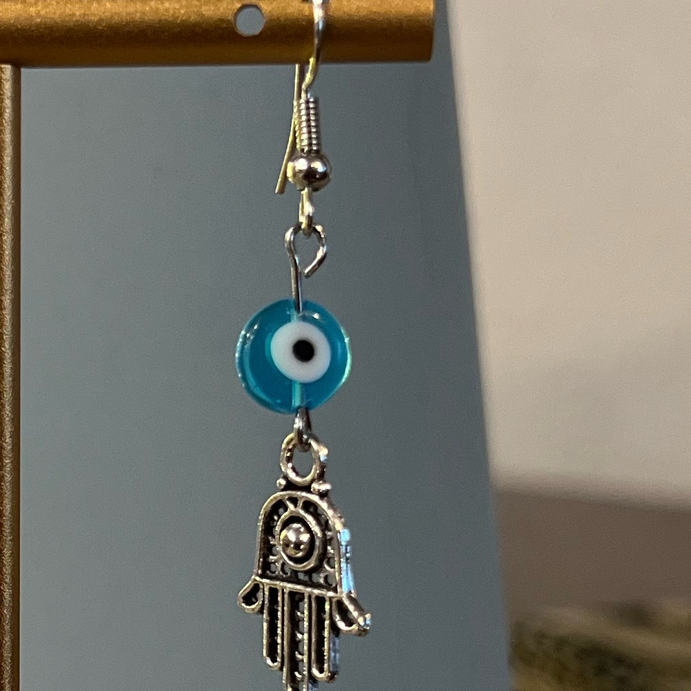 NWOT - Silver and Blue Evil Eye Hamsa Earrings